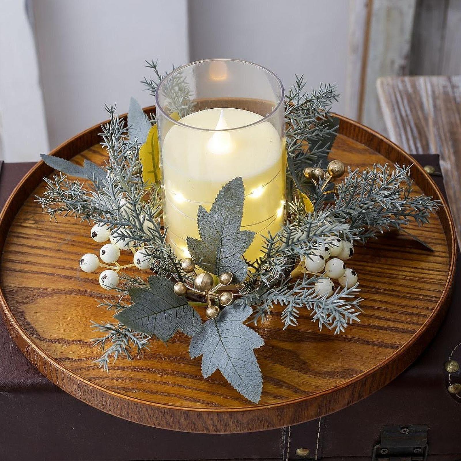 Candle Holder Decor - Handmade Artificial Flower Candle Wreath for